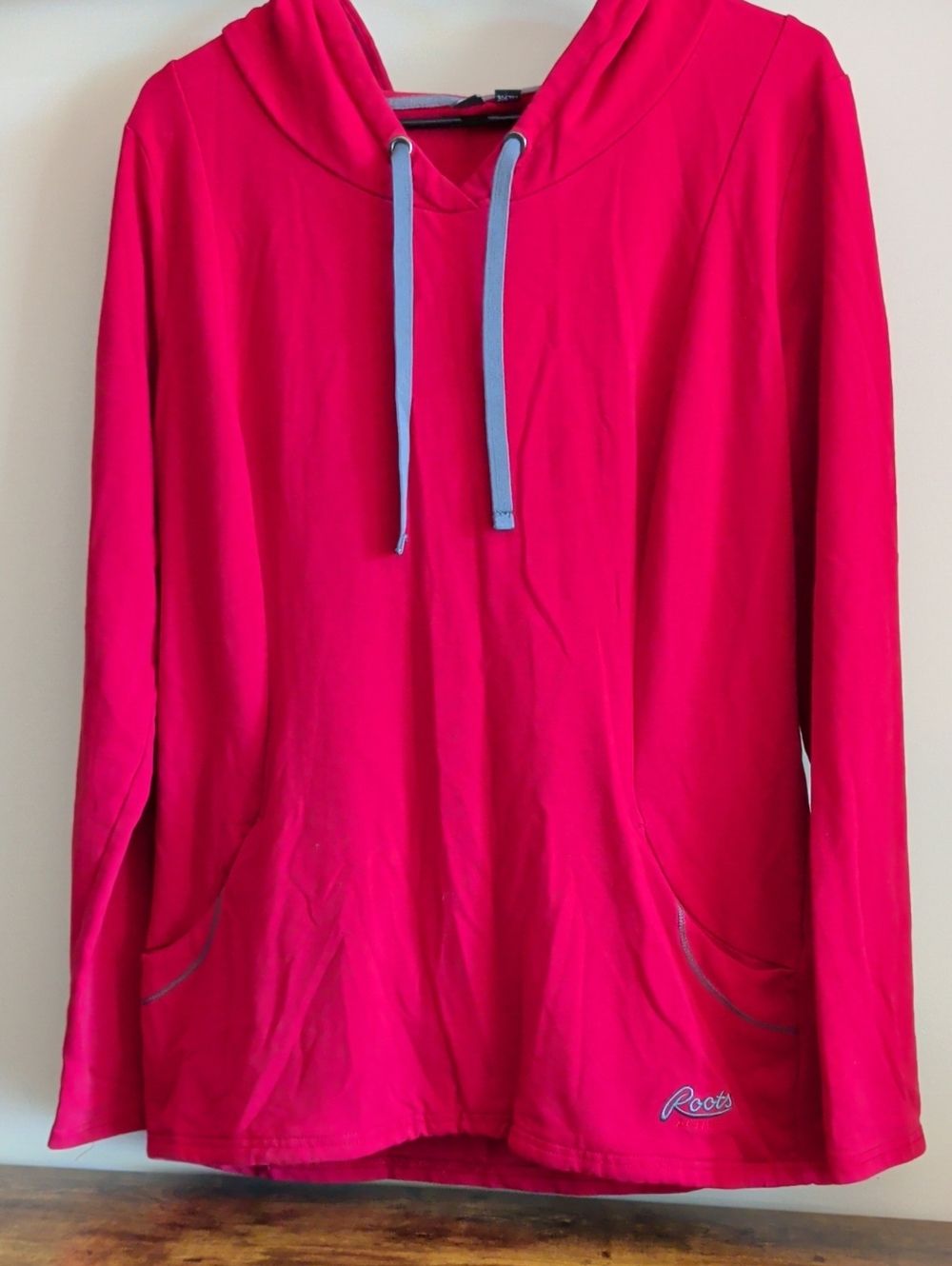 Roots Women's Hot Red Hoodie with Light Blue Drawstrings